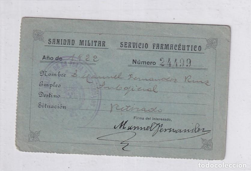 Military Antiques: Sanidad militar. Servicio farmac&eacute;utico. 11,50 x 7,50 cm