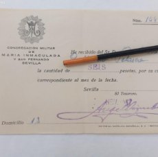 Militaria: CONGREGACION MILITAR DE MARIA INMACULADA Y SAN FERNANDO : RECIBO CUOTA. SEVILLA, 1958. Lote 402215024