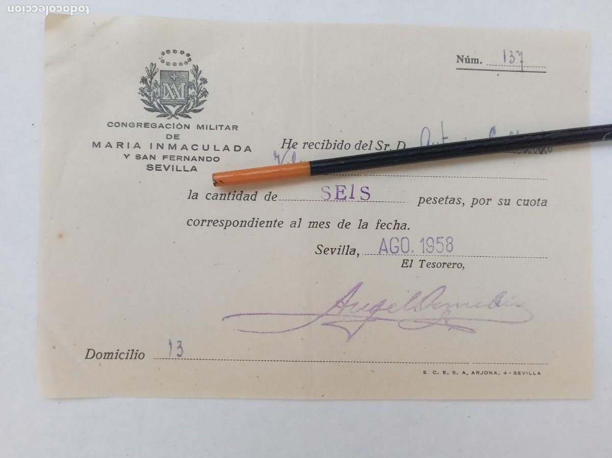 Military Antiques: CONGREGACION MILITAR DE MARIA INMACULADA Y SAN FERNANDO : RECIBO CUOTA. SEVILLA, 1958
