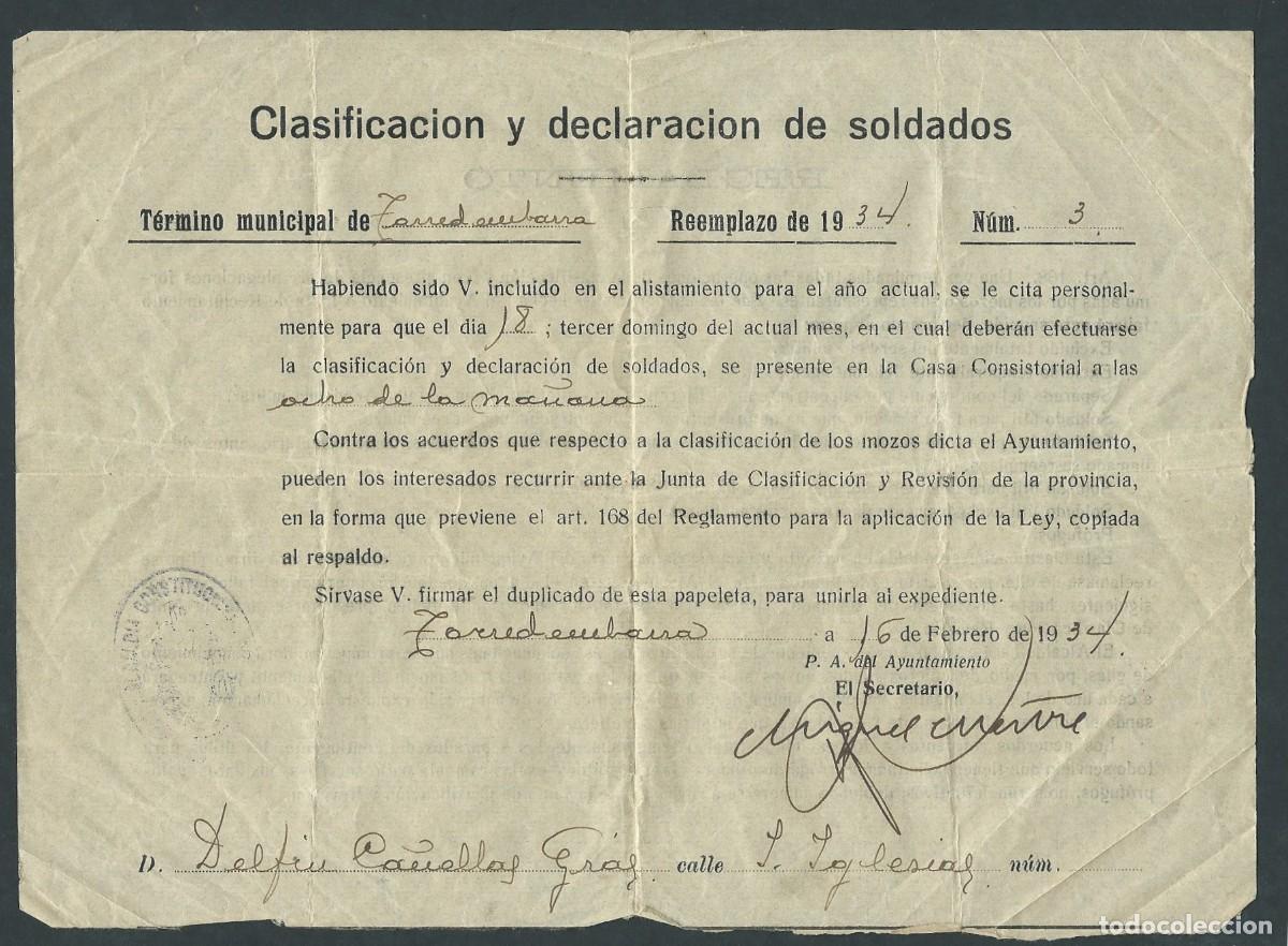 Military Antiques: antiguo documento clasificacion y declaracion de soldados a&ntilde;o 1934 torredembarra