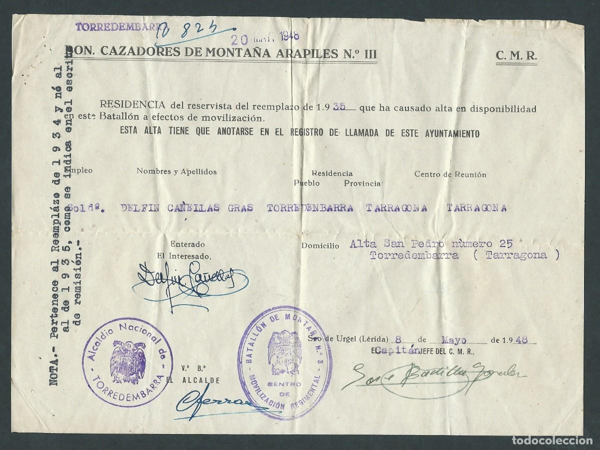Military Antiques: antiguo documento cazadores de monta&ntilde;a arapiles III a&ntilde;o 1948 torredembarra seu d'urgell