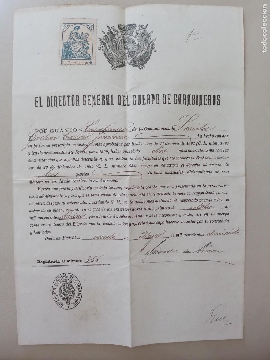 Militaria: CUERPO DE CARABINEROS COMANDANCIA DE LERIDA: PREMIO 3 PESETAS A CARABINERO. MADRID 1917