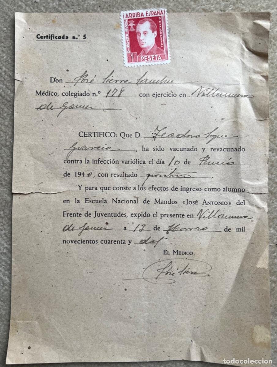Military Antiques: Certificado vacunaci&oacute;n para ingreso Escuela Nacional de Mandos Jos&eacute; Antonio - Falange - A&ntilde;o 1942