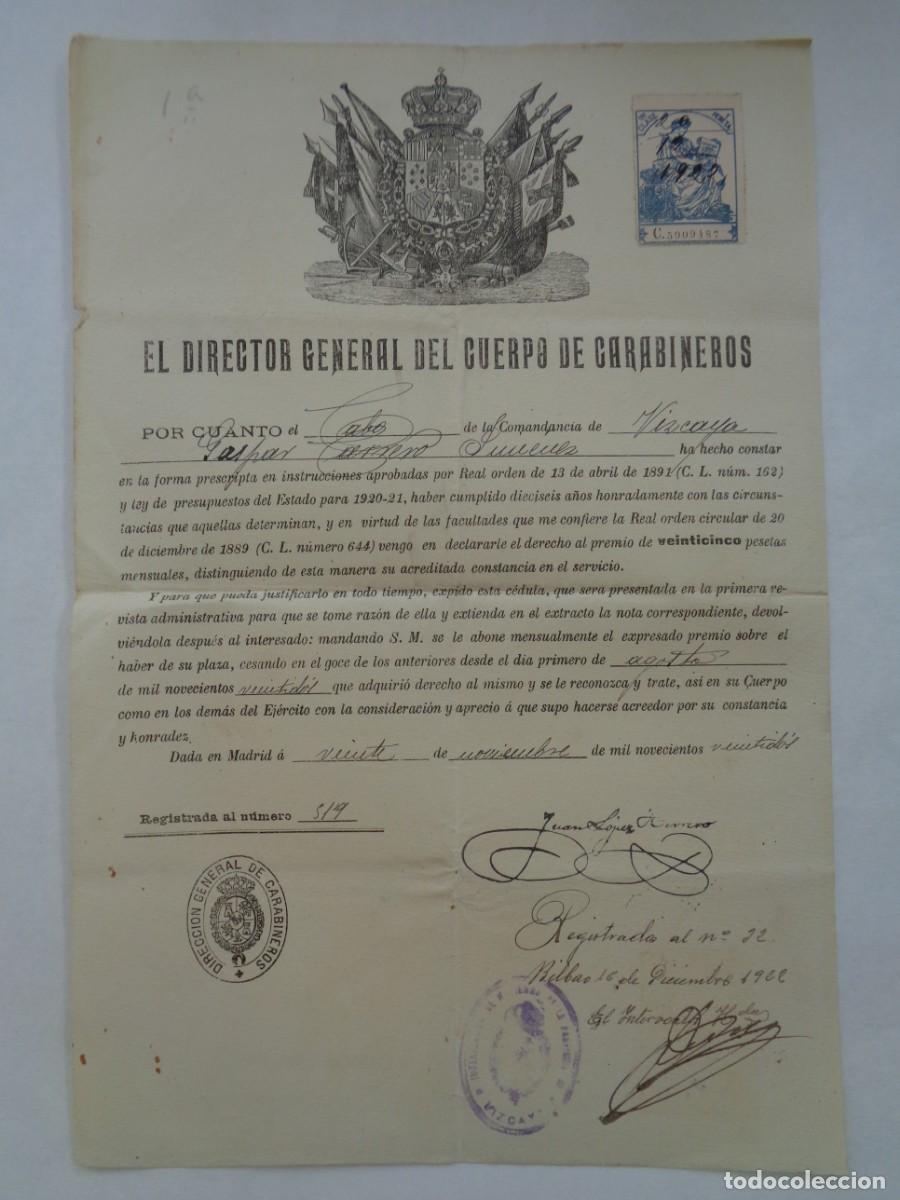 Militaria: DIRECCION GENERAL CUERPO CARABINEROS : PREMIO A CABO DE COMANDANCIA VIZCAYA. MADRID, 1922 . VI&Ntilde;ETA