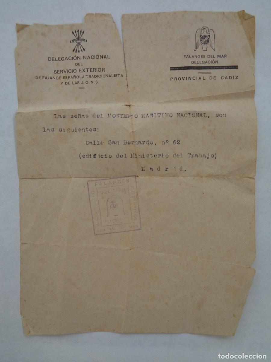 Militaria: SERVICIO EXTERIOR DE FALANGE - FALANGES DEL MAR : CARTA . CADIZ