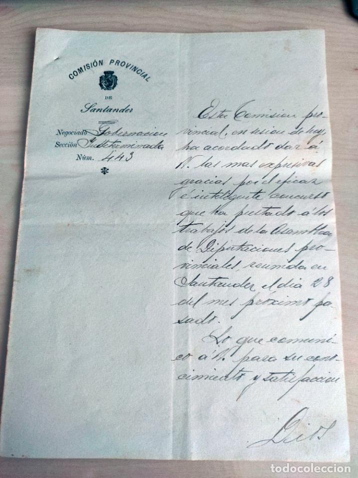 Militaria: Comisi&oacute;n Provincial de Santander. Negociado de Gobernaci&oacute;n. Agradecimiento. 1905