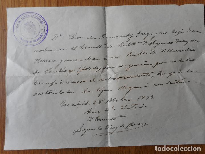 Militaria: SALVOCONDUCTO VILLARRUBIA SANTIAGO TOLEDO - MADRID 1939. SELLO EJERCITO OCUPACION CONSEJO GUERRA