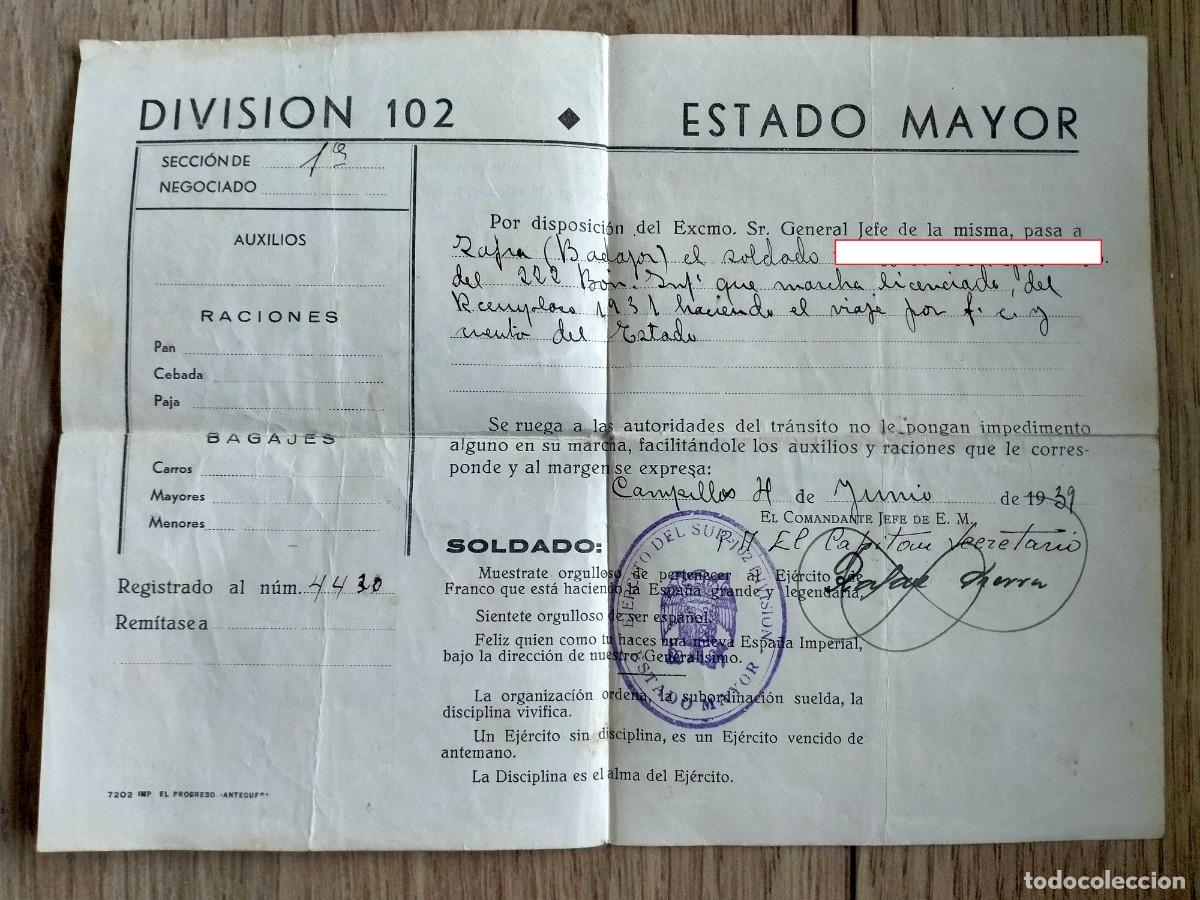 Militaria: DOCUMENTO MILITAR DIVISION 102 ESTADO MAYOR, CAMPILLOS-MALAGA, A&Ntilde;O 1939