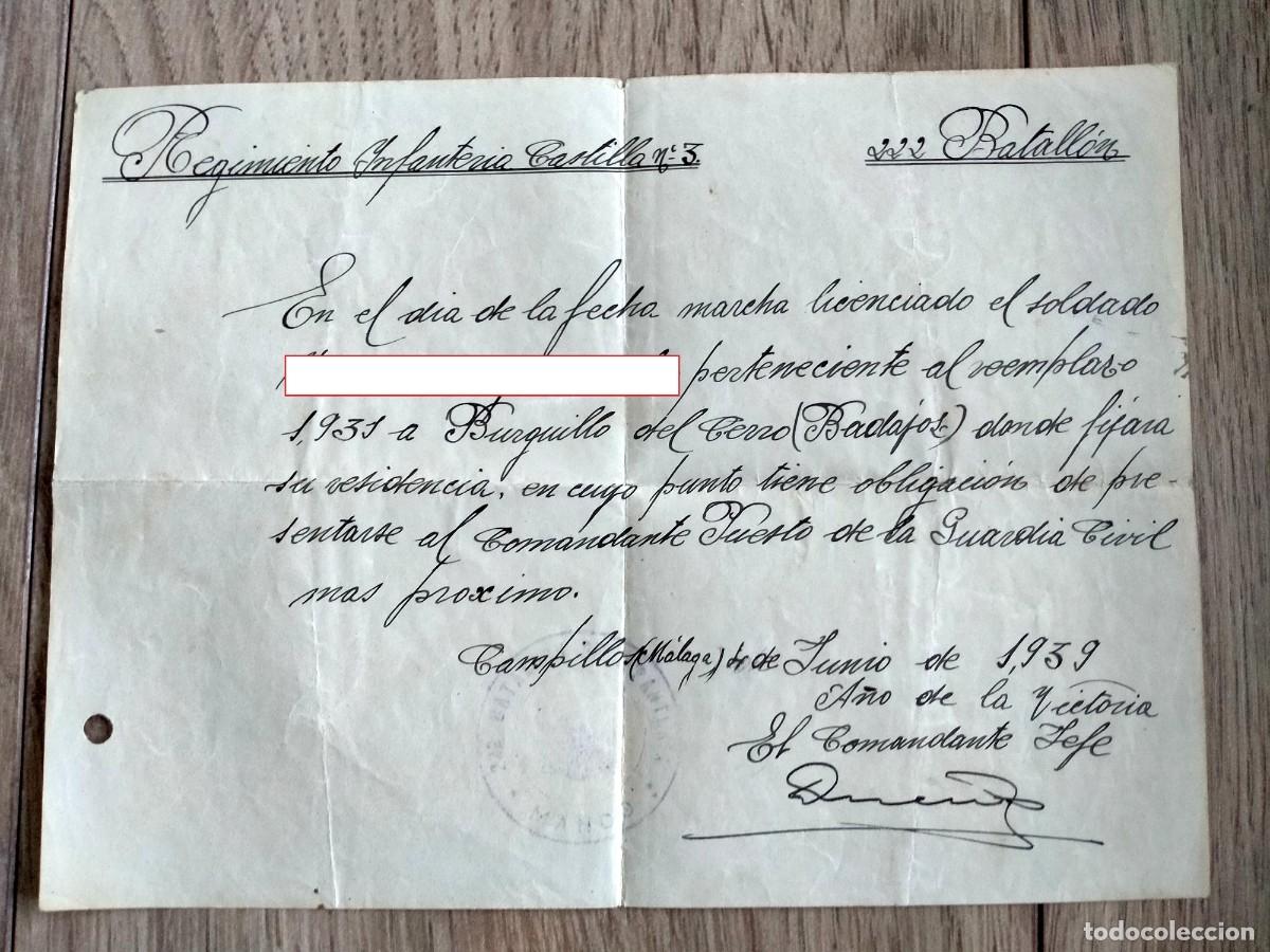 Militaria: DOCUMENTO MILITAR REGIMIENTO INFANTERIA CASTILLA, N&ordm; 3, CAMPILLOS, MALAGA, A&Ntilde;O 1939