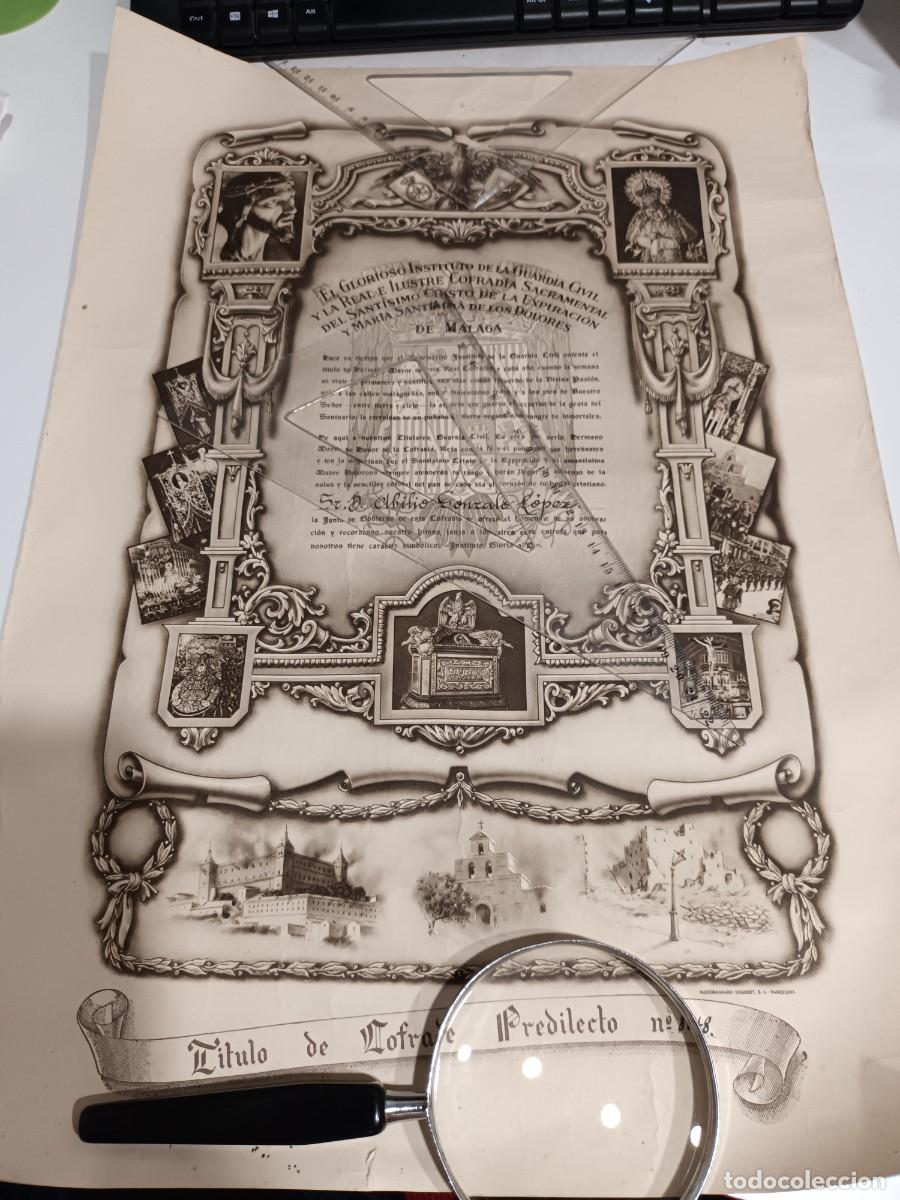 Militaria: Diploma Cofrad&iacute;a del Cristo de la Expiraci&oacute;n de M&aacute;laga y Guardia Civil, a&ntilde;os 40