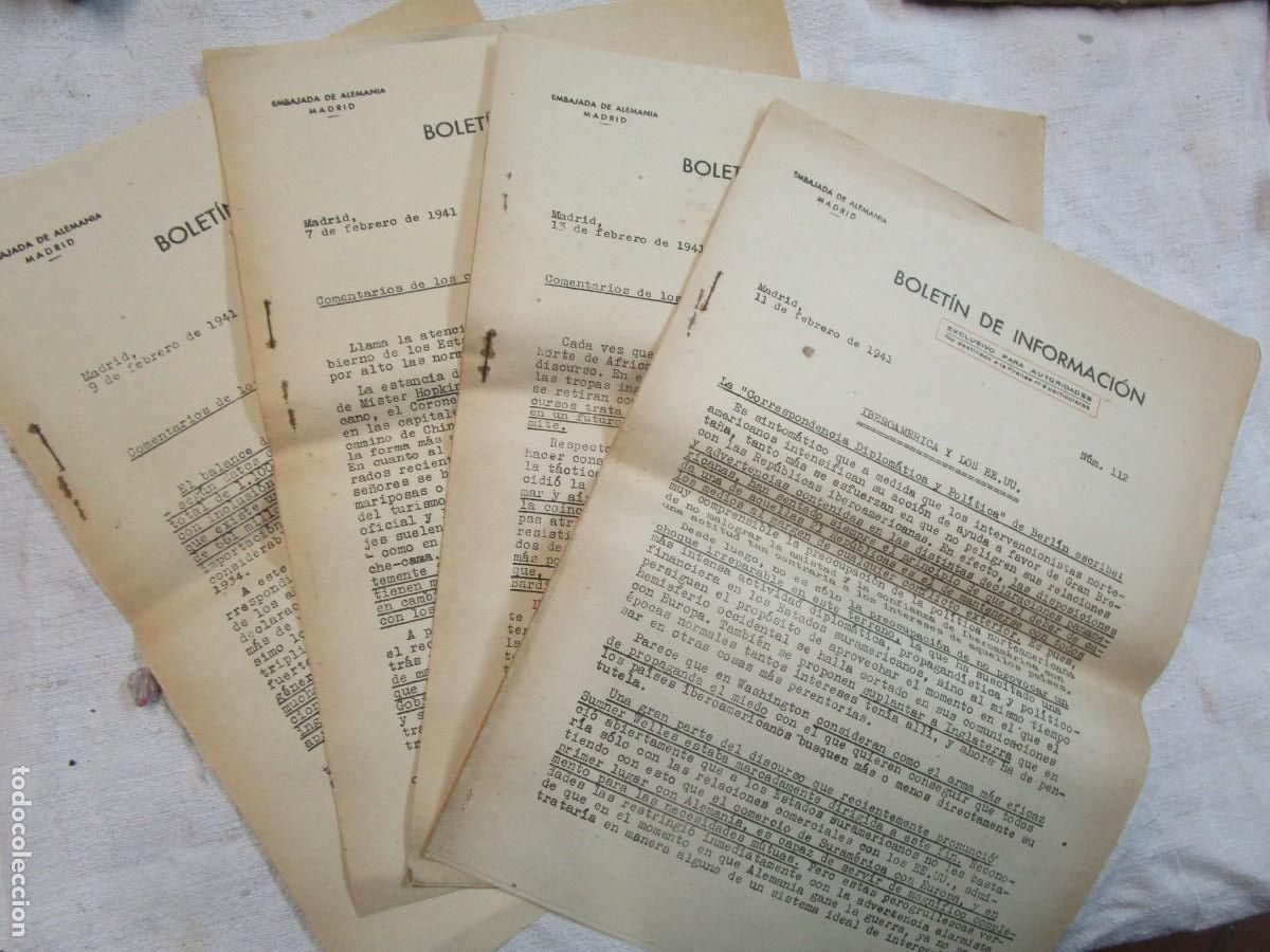 Militaria: 4 BOLETINES INFORMATIVOS EMBAJADA ALEMANIA NAZI - MADRID 1941 SOLO PARA AUTORIDADES + INFO