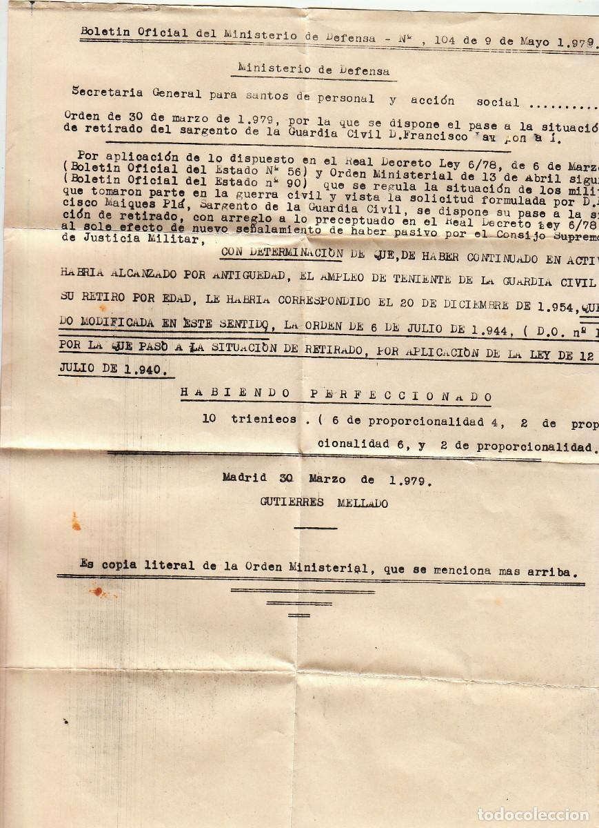 Military Antiques: Copia Literal Orden Ministerial. Ministerio Defensa. Situaci&oacute;n de Retiro Guardia Civil 1979 az