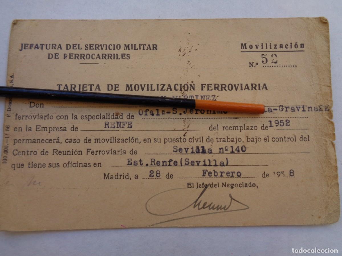 Militaria: JEFATURA SERVICIO MILITAR DE FERROCARRILES: TARJETA MOVILIZACION FERROVIARIA. SEVILLA, 1958