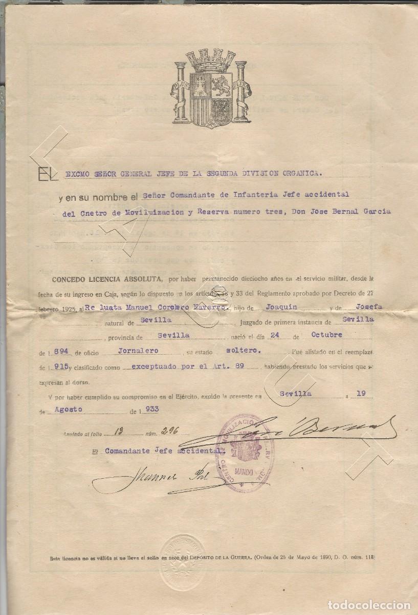 Military Antiques: REPUBLICA 1933 LICENCIA ABSOLUTA POR JOSE BERNAL GARCIA DOCUMENTO 4PG 34CM J91