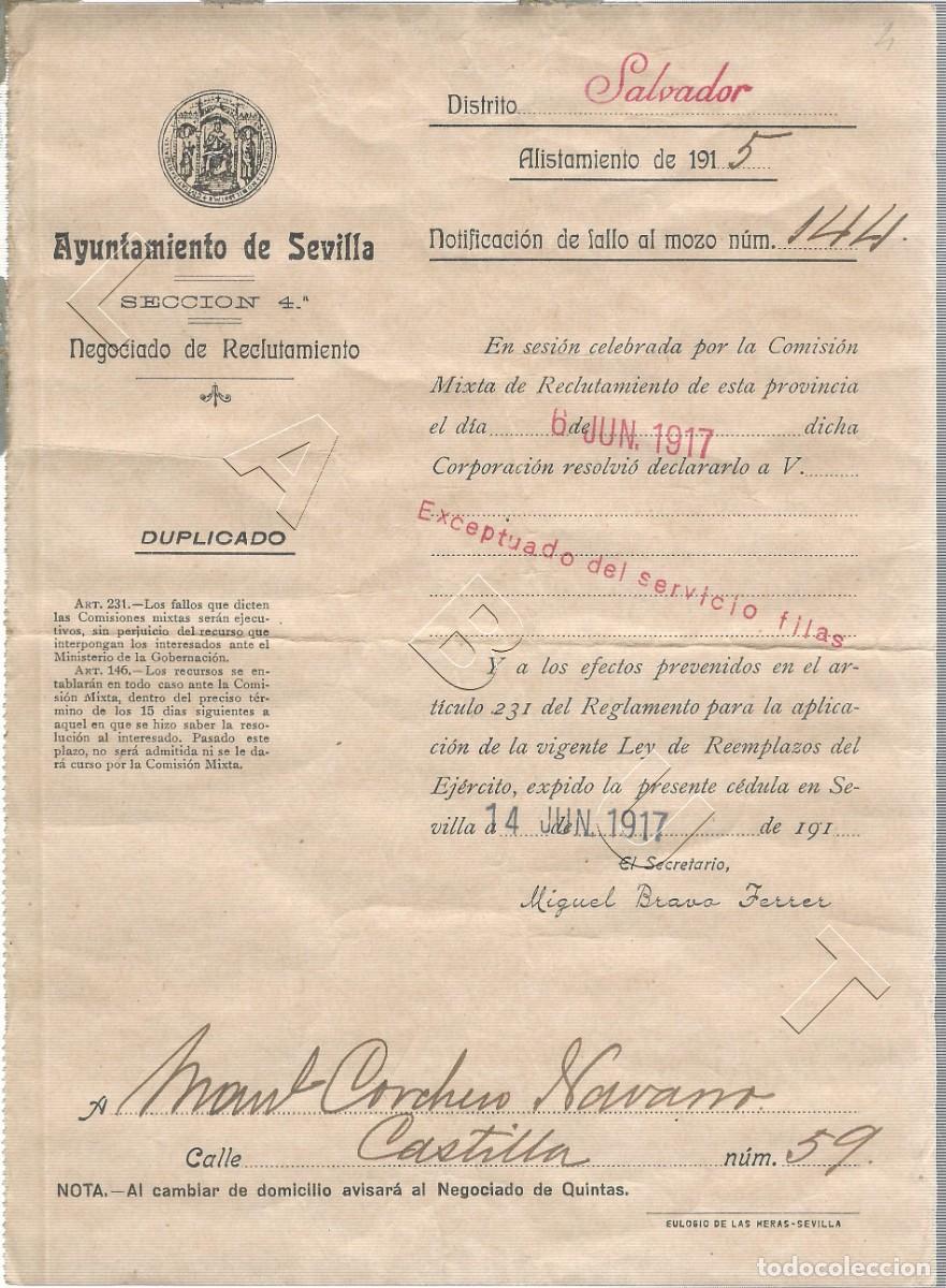 Military Antiques: 1917 SEVILLA EL SALVADOR DECLARADO EXCEPTUADO DEL SERVICIO MILITAR CALLE CASTILLA J95