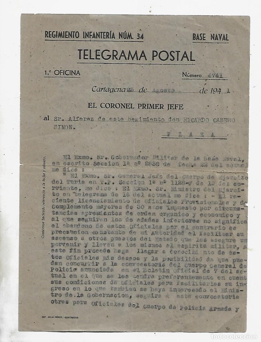 Military Antiques: M250- TELEGRAMA POSTAL CARTAGENA 1.941 EL CORONEL PRIMER JEFE AL ALFEREZ RICARDO CABERO SIMON