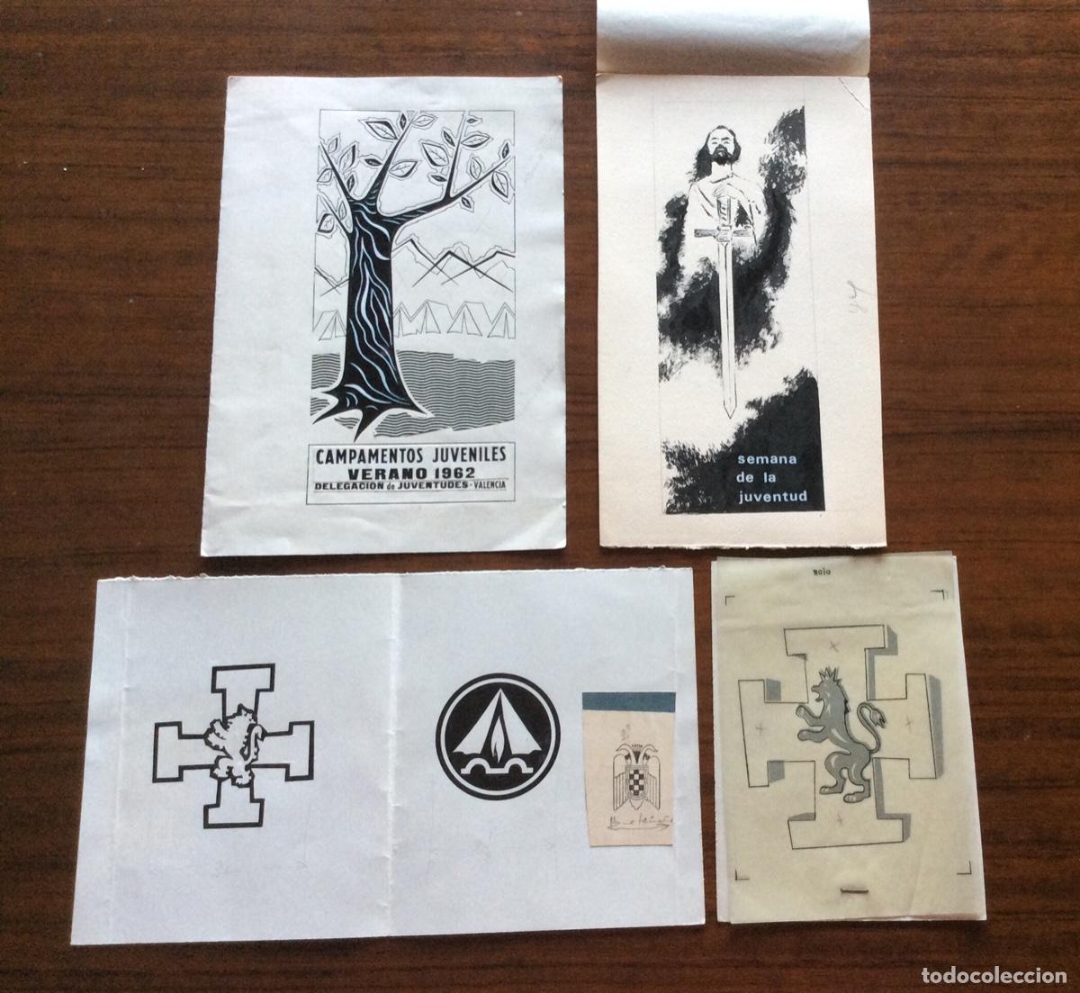 Militaria: 4 ANTIGUOS DIBUJOS ORIGINALES PARA IMPRENTA FALANGE OJE O.J.E. FRENTE JUVENTUDES