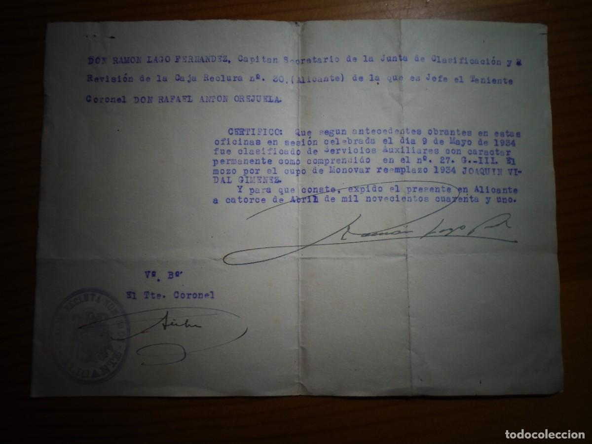 Militaria: ALICANTE.CAJA DE RECLUTA N&ordm;30.CERTIFICADO PARA MOZO DE MONOVAR 14/4/1941.