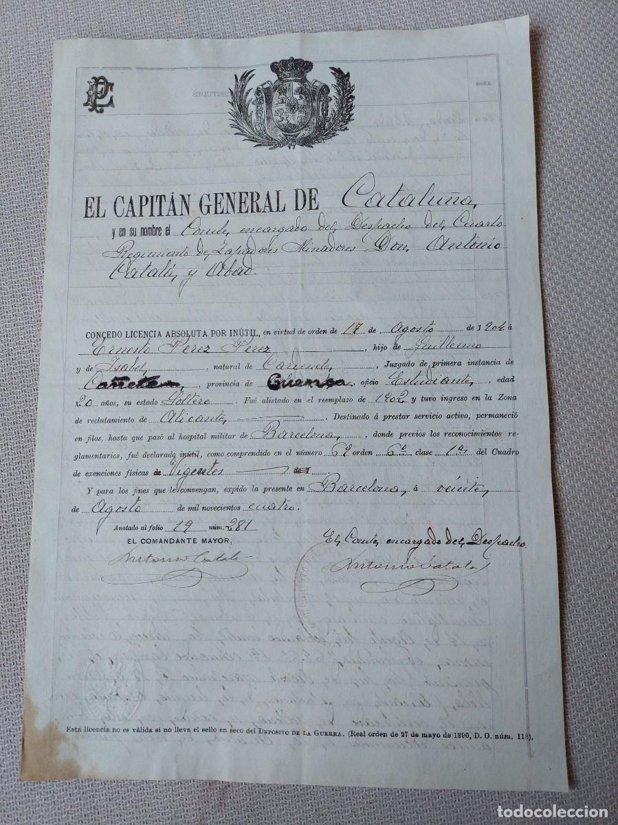 Militaria: Declaraci&oacute;n de inutil para el ej&eacute;rcito- 1904 - Foto 1