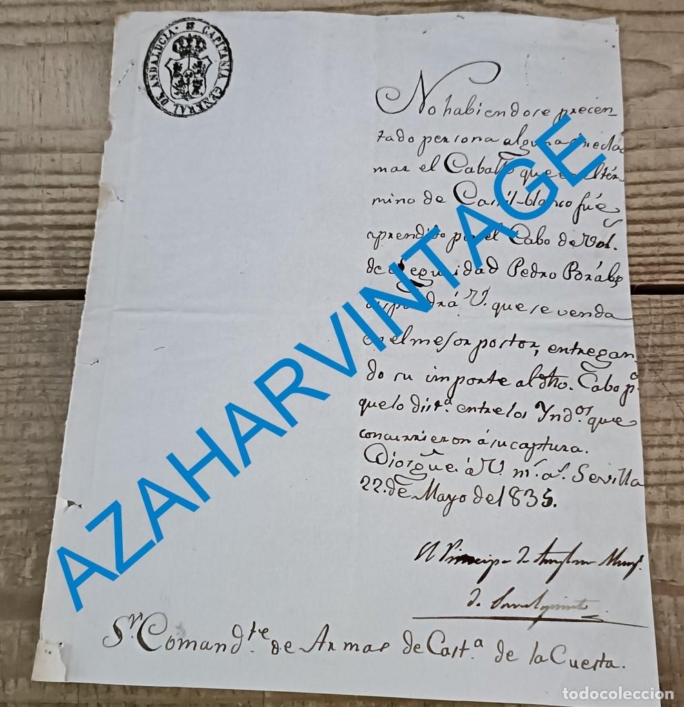 Militaria: SEVILLA, 1854, CAPITANIA GENERAL, CARTA VENTA CABALLO APREHENDIDO EN CASTILBLANCO, 1 PAGINA