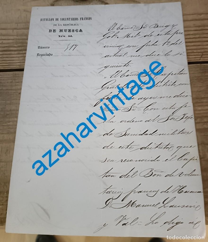 Militaria: 1873, CARTA CON MEMBRETE DEL BATALLON DE VOLUNTARIOS FRANCOS DE LA REPUBLICA DE HUESCA, MUY RARA
