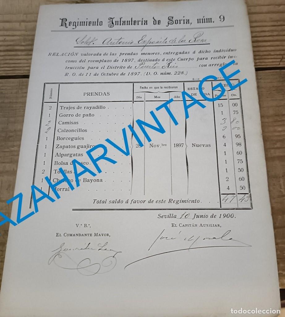 Militaria: 1897, RELACION DE PRENDAS ENTREGADAS A SOLDADO REGIMIENTO SORIA 9, DESTINO PUERTO RICO, RARA