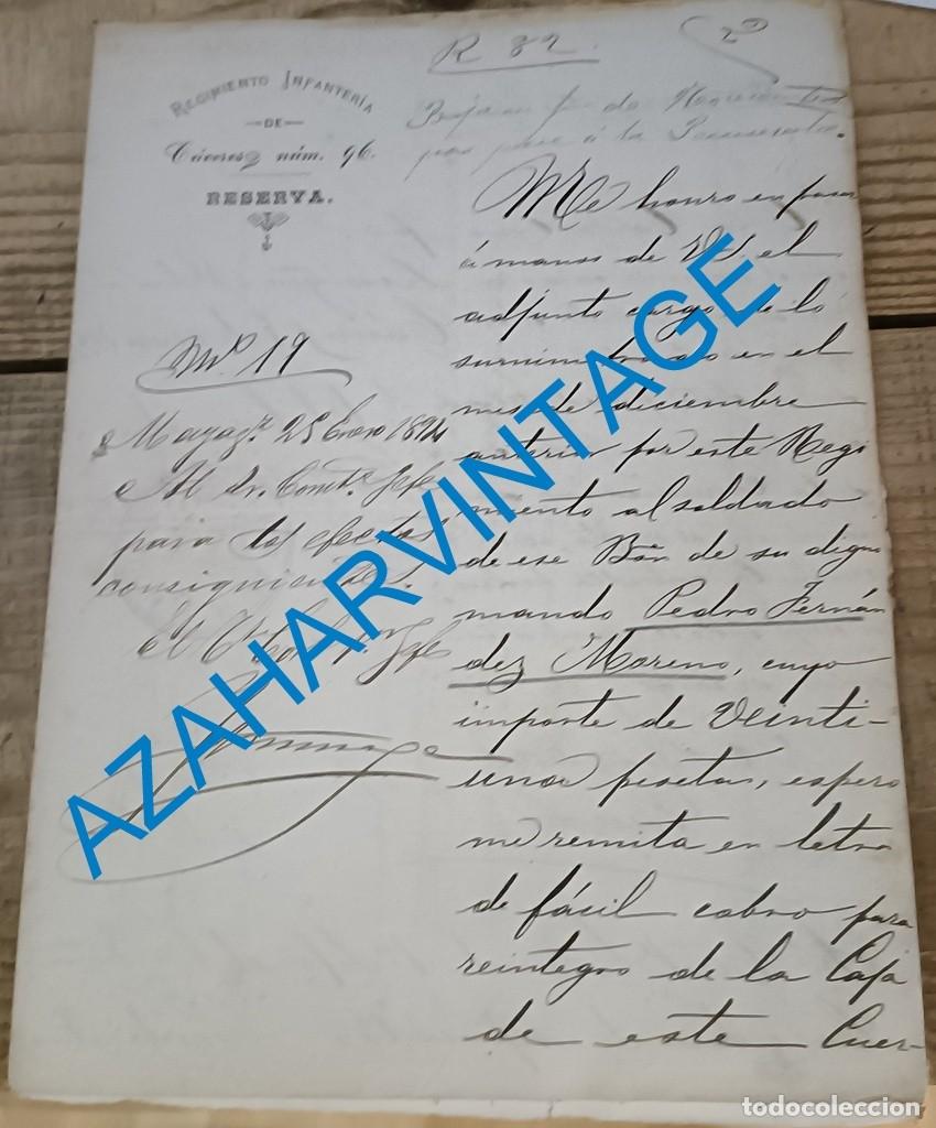 Militaria: CACERES, 1894, CARTA MEMBRETE REGIMIENTO INFANTERIA DE CACERES NUM. 96