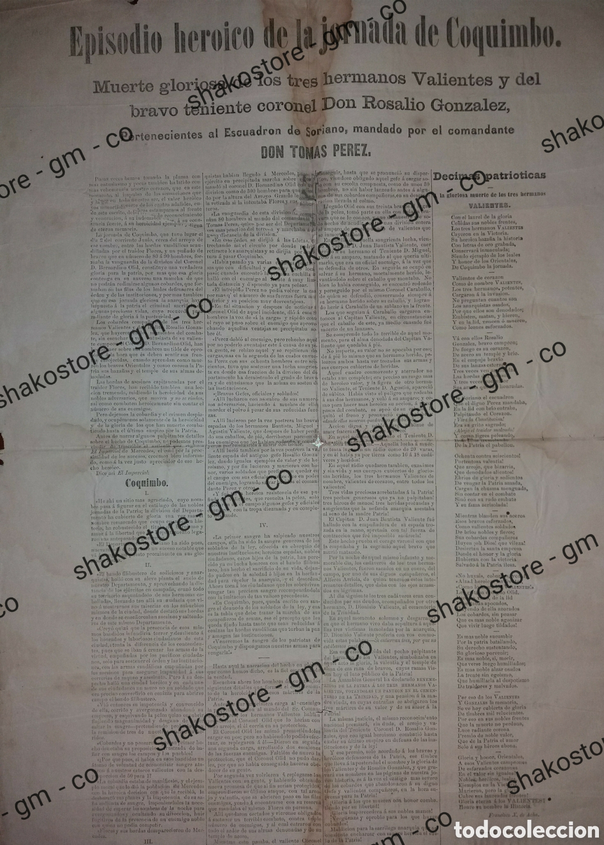 Militaria: DOCUMENTO IMPRESO BATALLA DE COQUIMBO 1863 GLORIA A HERMANOS VALIENTE Y ROSALIO GONZALEZ URUGUAY