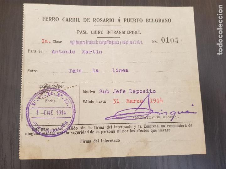 Militaria: 1914 FERRO CARRIL DE ROSARIO A PUERTO BELGRADO