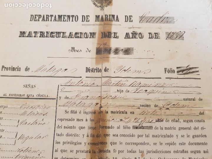 Militaria: 1968 DEPARTAMENTO DE MARINA DE CADIZ MATRICULACION DEL A&Ntilde;O 1859