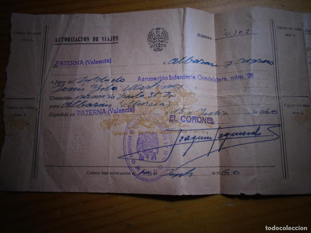 Militaria: AGRUPACION INFANTERIA GUADALAJARA N&ordm;20,PATERNA(VALENCIA)AUTORIZACI&Oacute;N DE VIAJE,SOLDADO DE ABARAN 1960
