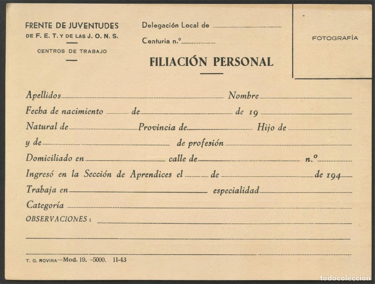 Militaria: POSGUERRA CIVIL, FICHA, FRENTE DE JUVENTUDES, 1943