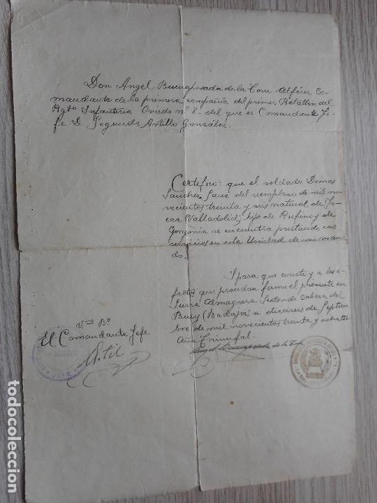 Militaria: CERTIFICADO BATALLON INFANTERIA OVIEDO N&ordm; 8. SIERRA ALMAGRERA CABEZA BUEY BADAJOZ 1938. GUERRA CIVIL