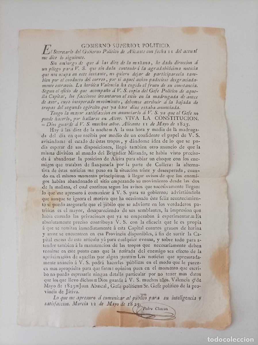 Militaria: CIRCULAR. Gobierno superior Pol&iacute;tico. Guerra Realista 1822-1823. Firmada en Murcia. Mayo de 1823.