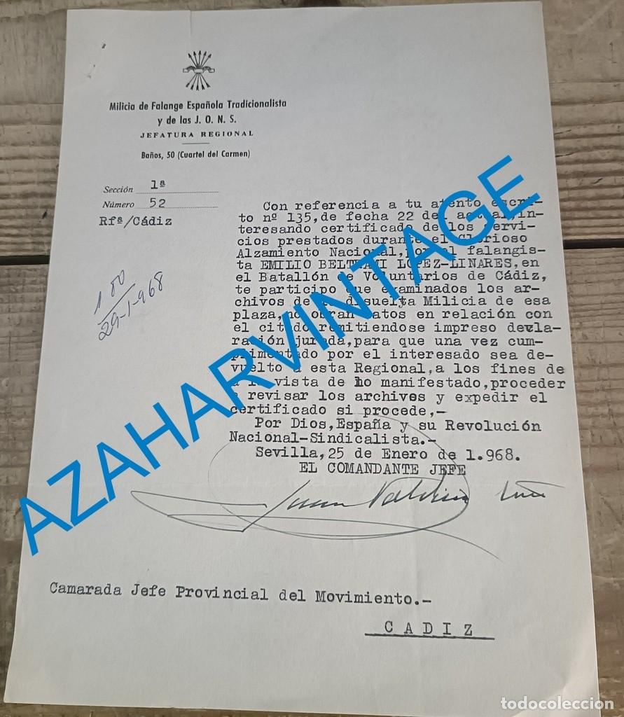 Militaria: SEVILLA, 1968, FALANGE, SOLICITUD CERTIFICADO SERVICIOS PRESTADO BATALLON VOLUNTARIOS DE CADIZ