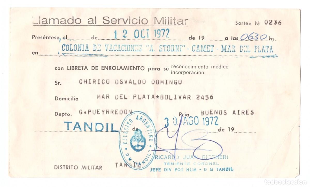 Militaria: ARGENTINA / LLAMADO AL SERVICIO MILITAR A&Ntilde;O 1972