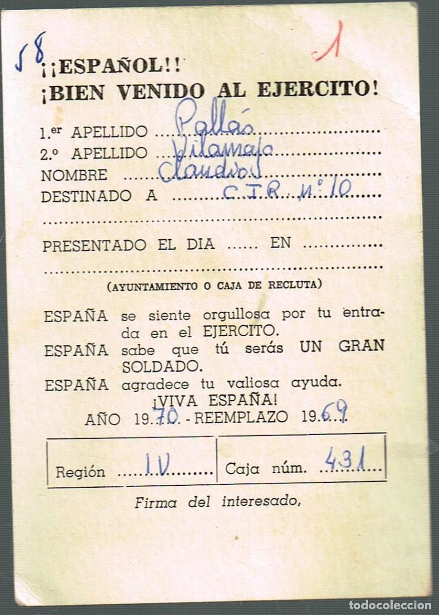 Militaria: 1970 reemplazo 1969 regi&oacute;n IV caja n&ordm; 431 C.I.R. 10, TARJETA: &iexcl;&iexcl;Espa&ntilde;ol!! &iexcl;Bien Venido al Ej&eacute;rcito!