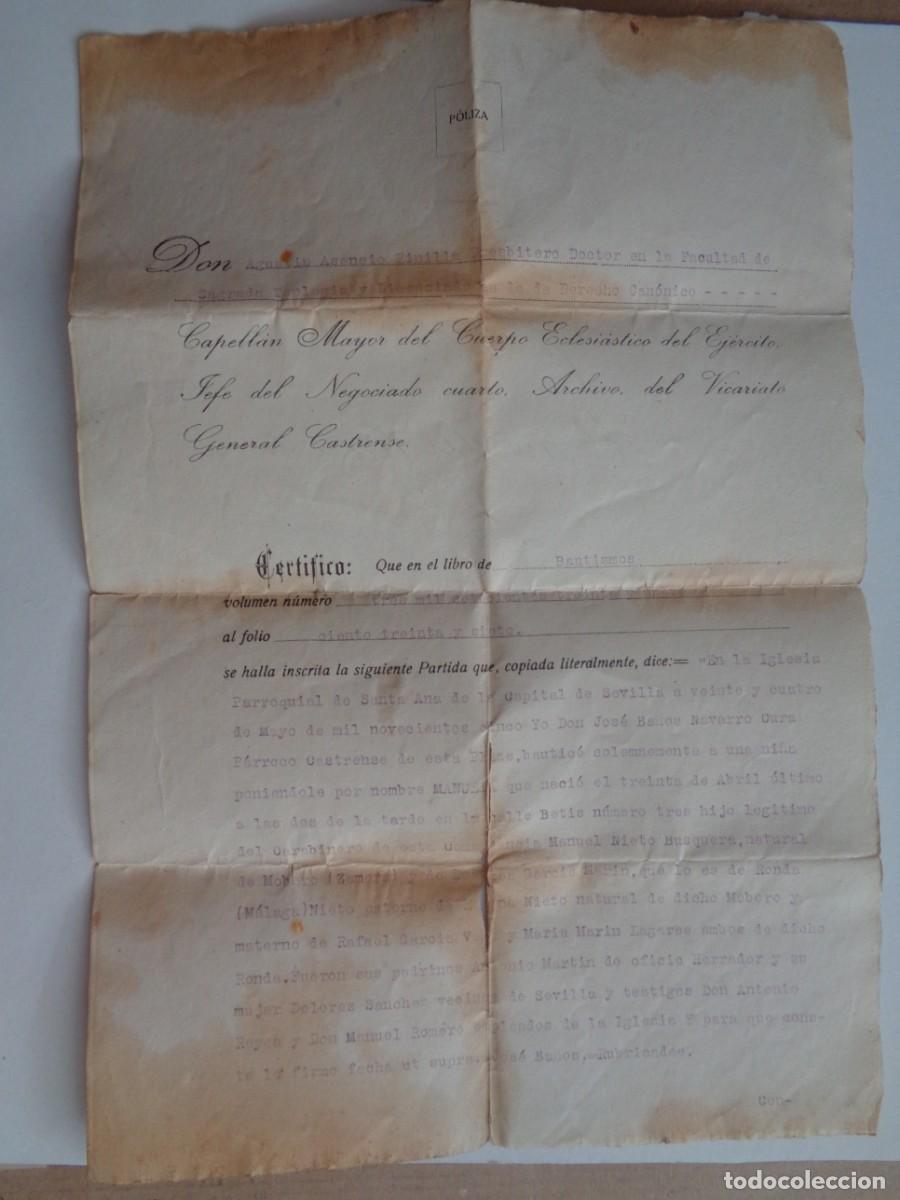 Military Antiques: CUERPO ECLESIASTICO DEL EJERCITO: CERTIFICADO BAUTISMO DE HIJA DE CARABINERO. SEVILLA, 1924