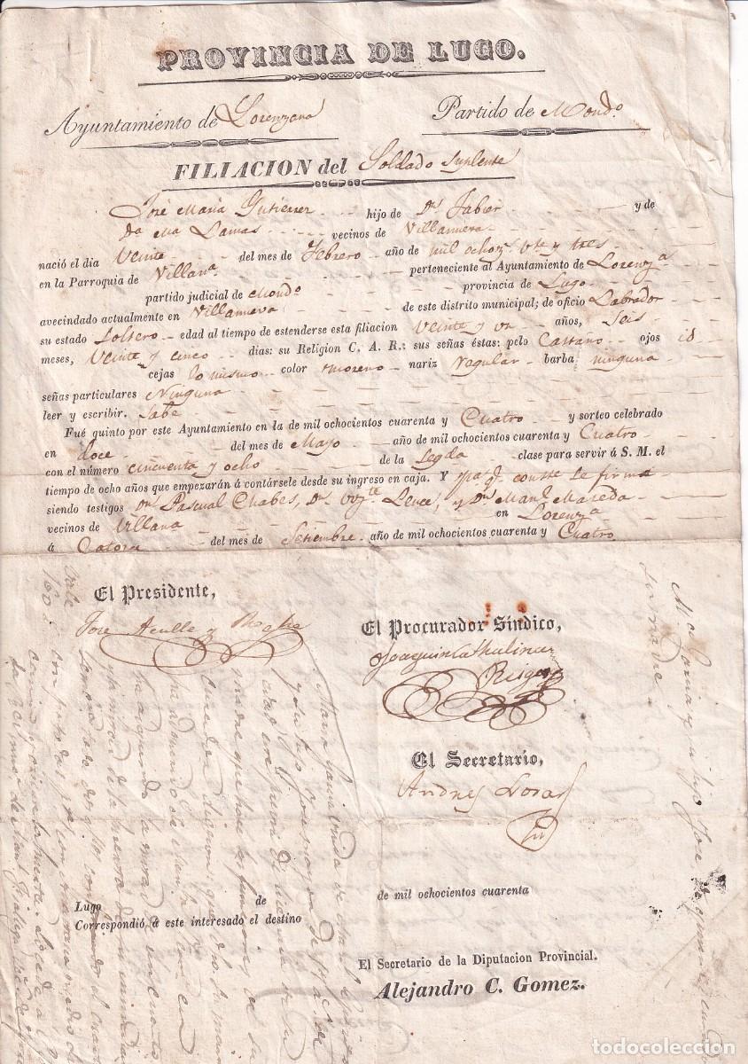 Militaria: Filiaci&oacute;n de un soldado suplente en Villanueva Lugo Fechada en el a&ntilde;o 1844