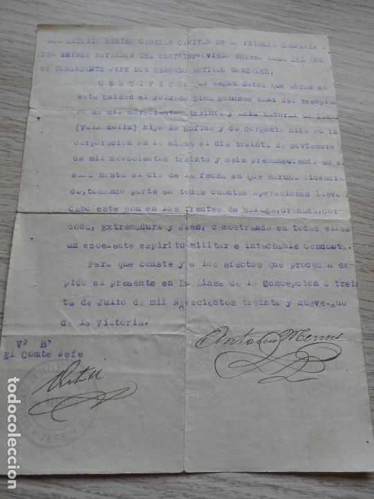 Militaria: CERTIFICADO CAPITAN BATALLON INFANTERIA OVIEDO N&ordm; 8. LINEA DE LA CONCEPCION 1939. POST GUERRA CIVIL
