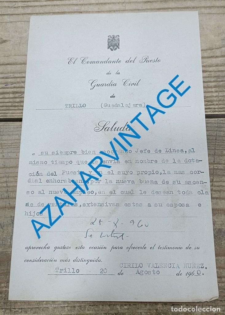 Militaria: TRILLO, GUADALAJARA,, 1960, FELICITACION A GUARDIA CIVIL POR NOMBRAMIENTO