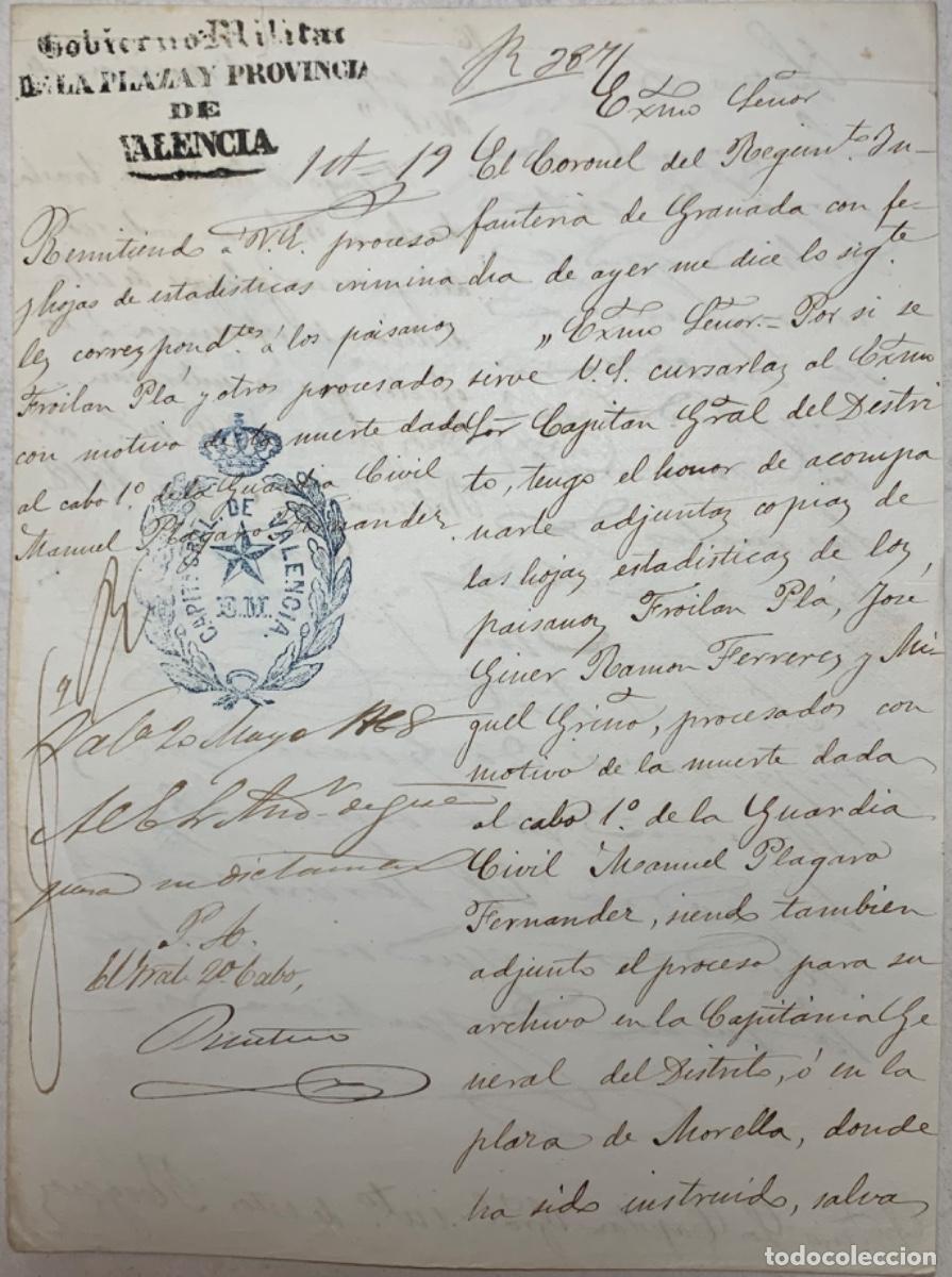 Militaria: DOCUMENTO GOBIERNO MILITAR DE LA PLAZA Y PROVINCIA DE VALENCIA - 1868 - PROCESO MUERTE GUARDIA CIVIL