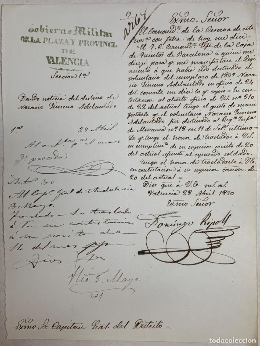 Militaria: GOBIERNO MILITAR DE LA PLAZA Y PROVINCIA DE VALENCIA - A&Ntilde;O 1870 - DOMINGO RIPOLL