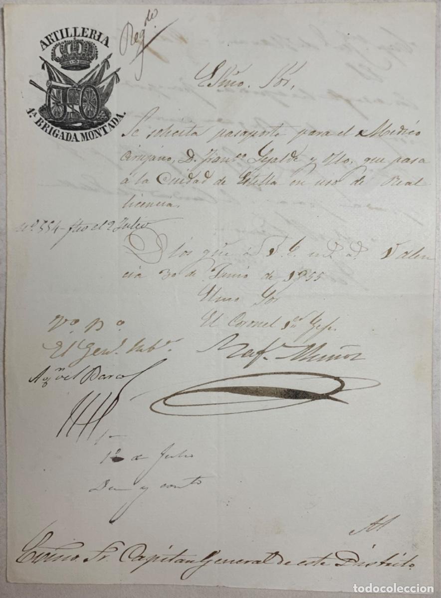 Militaria: ARTILLER&Iacute;A - PRIMERA BRIGADA MONTADA - SOLICITUD DE PASAPORTE PARA M&Eacute;DICO CIRUJANO - A&Ntilde;O 1855