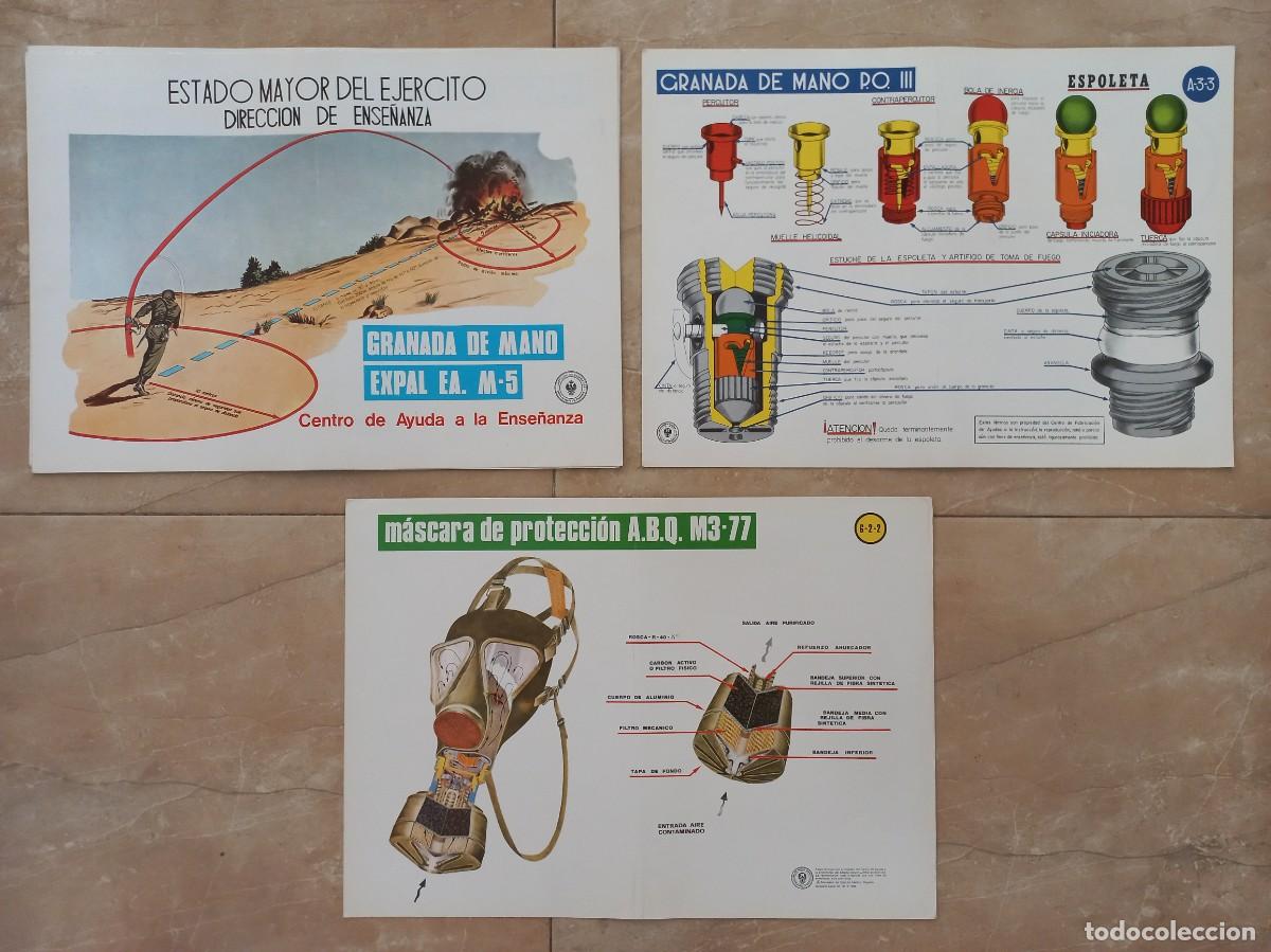 Militaria: 8 LAMINAS DE INSTRUCCION 1976 DIRECCION DE ENSE&Ntilde;ANZA DEL EJERCITO,GRANADAS D MANO, MASCARA ABQ