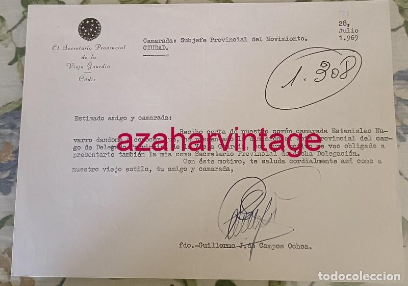 Militaria: CADIZ, 1961, CARTA DIMISION SECRETARIO PROVINCIAL VIEJA GUARDIA