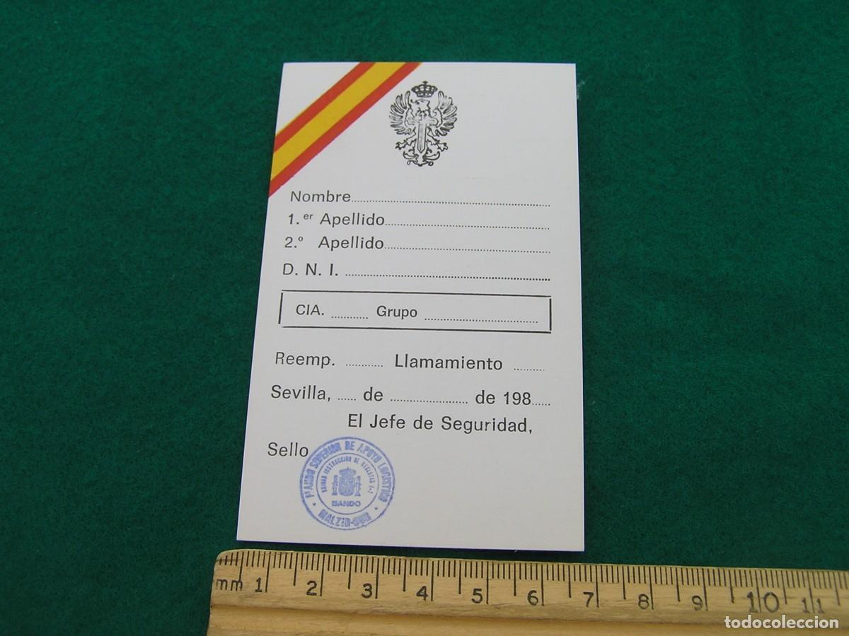 Militaria: Antigua Tarjeta o carnet militar de identificaci&oacute;n de un acuartelamiento en Sevilla. A&ntilde;os 80.