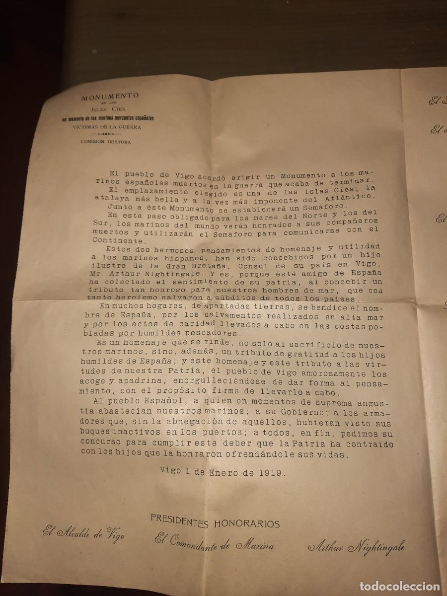 Militaria: Antiguo documento monumento en las Islas c&iacute;es en memoria v&iacute;ctimas de la guerra vigo a&ntilde;o 1919