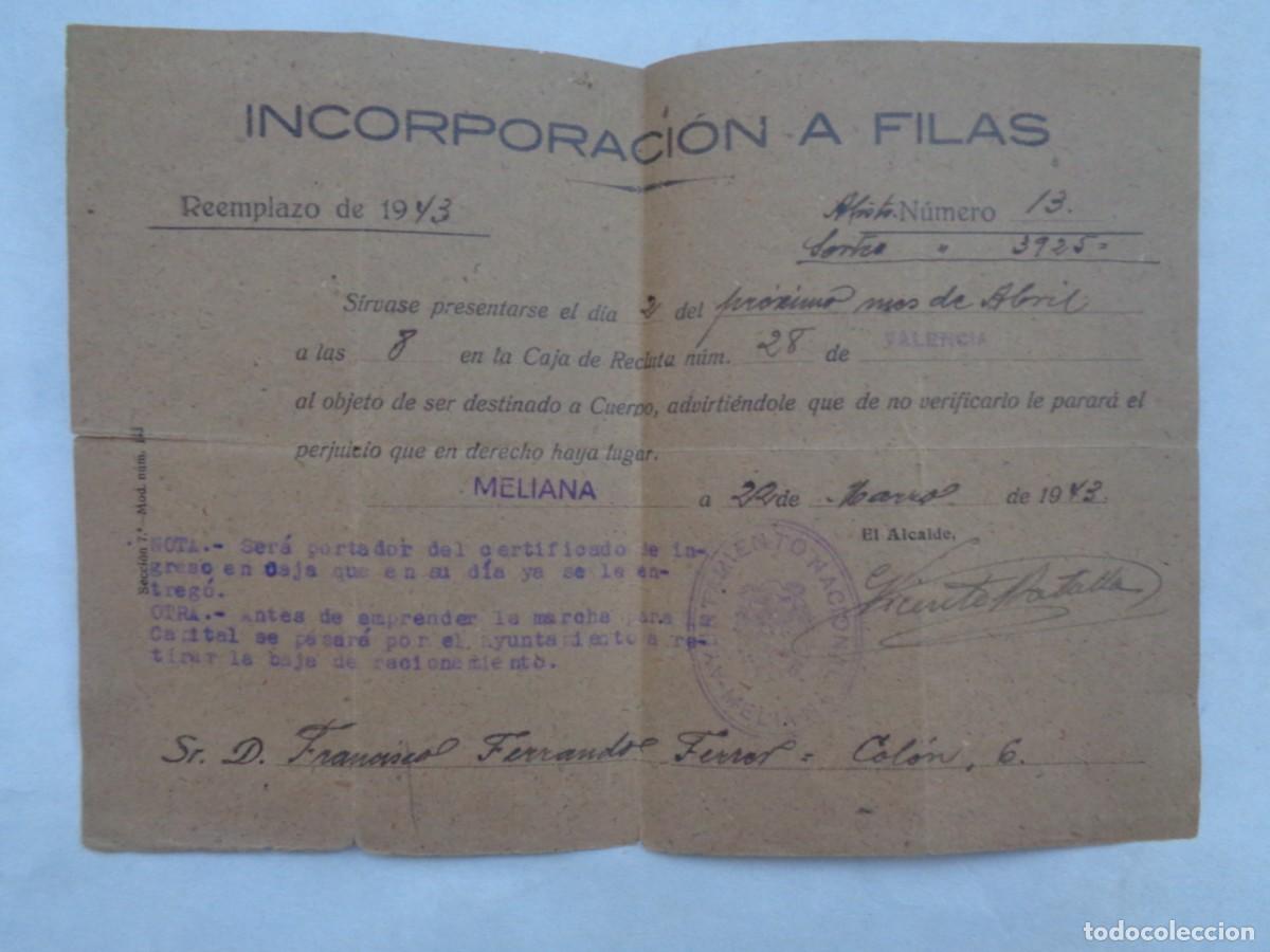 Militaria: BOLETO DE INCORPORACION A FILAS, REEMPLAZO DE 1943 . MELIANA ( VALENCIA ), 1943