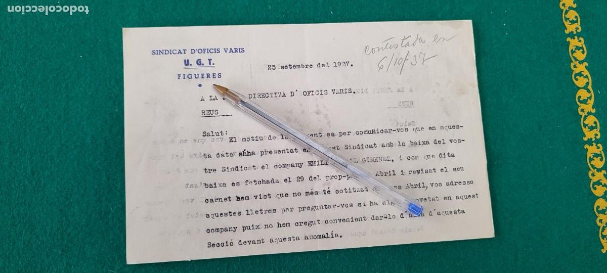 Militaria: Documento Rep&uacute;blica guerra civil sindicato UGT CNT AIT